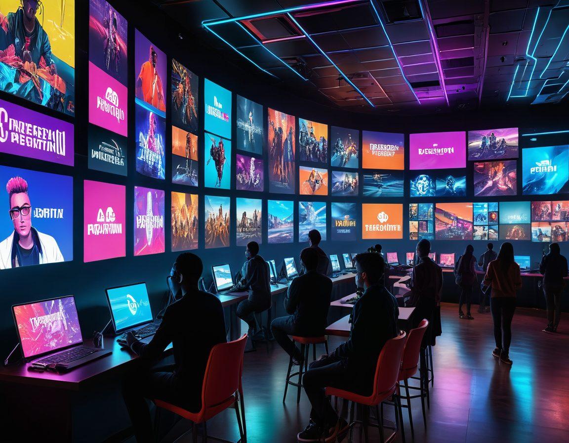 A bustling digital landscape showcasing a variety of streaming platforms, with silhouettes of diverse adults engrossed in different screens. Intertwining neon lights illuminate the scene, symbolizing the evolution of media consumption. Include iconic elements like popcorn, remote controls, and various media icons floating around, creating an atmosphere of excitement and choice. The composition should evoke a sense of community and sharing in the streaming experience. vibrant colors. cyberpunk. 3D.