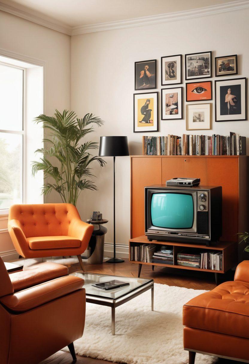 A dynamic collage showcasing the evolution of adult entertainment, transitioning from vintage VHS tapes to sleek modern streaming devices. Include imagery of a retro living room with old-school TV and VHS tapes on one side, blending into a contemporary lounge with a tablet displaying streaming content on the other. Highlight vibrant colors to emphasize the transition, with intriguing silhouettes in the background representing different eras of sensuality. super-realistic. vibrant colors. white background.